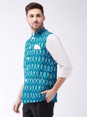 Men'S Turquoise Cotton Nehru Jacket 2