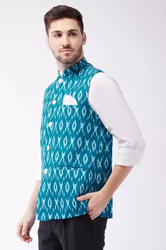 Men'S Turquoise Cotton Nehru Jacket