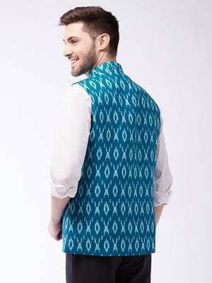 Men'S Turquoise Cotton Nehru Jacket 3