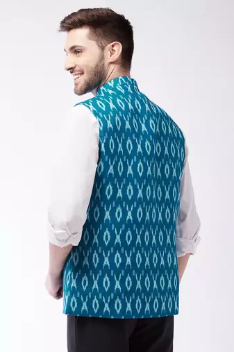 Men'S Turquoise Cotton Nehru Jacket