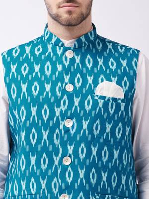 Men'S Turquoise Cotton Nehru Jacket 4