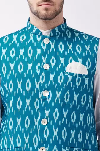 Men'S Turquoise Cotton Nehru Jacket