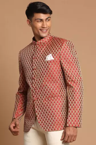 maroon banarasi jacquard jodhpuri coat