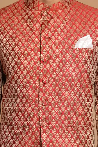 maroon banarasi jacquard jodhpuri coat