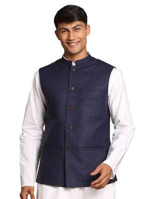 Blue And White Cotton Nehru Jacket 1
