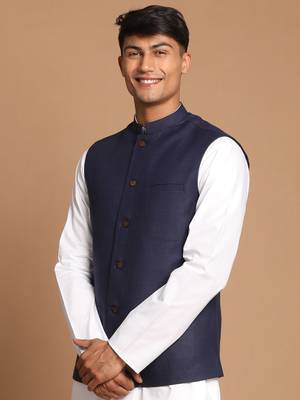 Blue And White Cotton Nehru Jacket 2