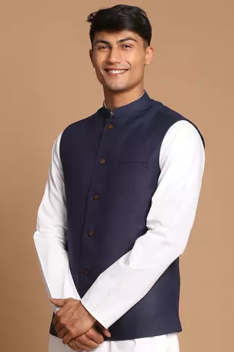Blue And White Cotton Nehru Jacket