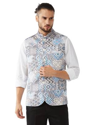 Grey And Blue Snake Skin Printed Nehru Jacket 1