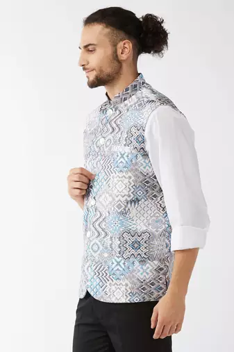 Grey And Blue Snake Skin Printed Nehru Jacket
