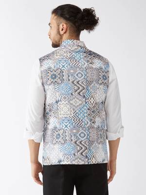 Grey And Blue Snake Skin Printed Nehru Jacket 3
