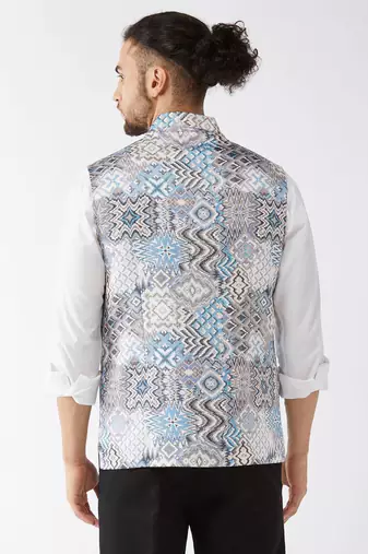 Grey And Blue Snake Skin Printed Nehru Jacket