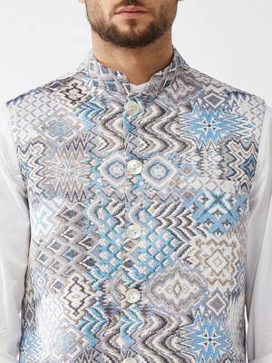 Grey And Blue Snake Skin Printed Nehru Jacket 4