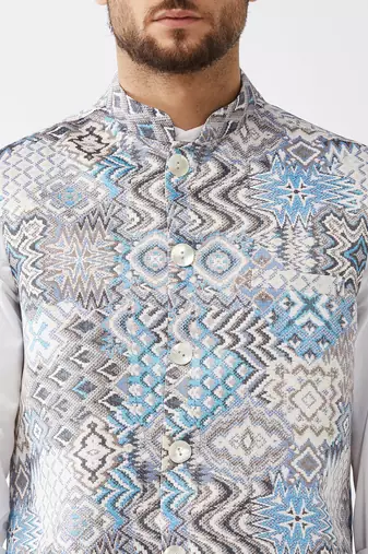 Grey And Blue Snake Skin Printed Nehru Jacket