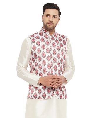 Cream And Red Block Print Nehru Jacket 1