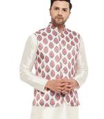 Cream And Red Block Print Nehru Jacket