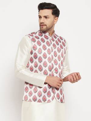 Cream And Red Block Print Nehru Jacket 2
