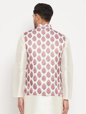 Cream And Red Block Print Nehru Jacket 3