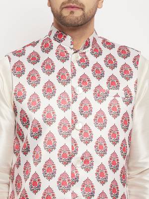 Cream And Red Block Print Nehru Jacket 4