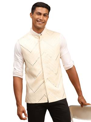 Cream Mirror Work Nehru Jacket 1