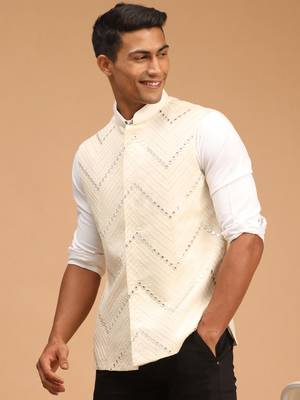 Cream Mirror Work Nehru Jacket 2