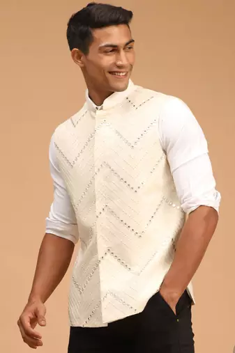 Cream Mirror Work Nehru Jacket
