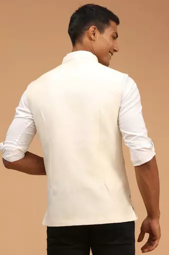 Cream Mirror Work Nehru Jacket