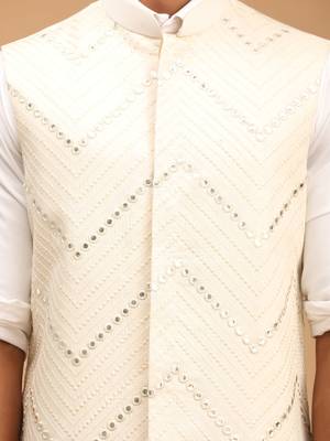 Cream Mirror Work Nehru Jacket 4