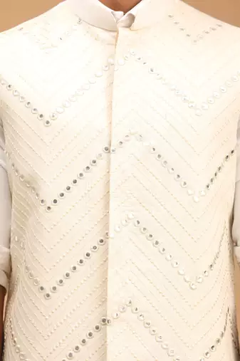 Cream Mirror Work Nehru Jacket