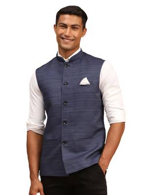 Blue Silk Blend Plain Sleeveless Professional Nehru Jacket 1