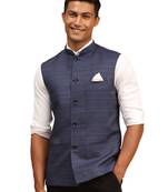 Blue Silk Blend Plain Sleeveless Professional Nehru Jacket