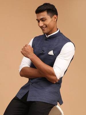 Blue Silk Blend Plain Sleeveless Professional Nehru Jacket 2