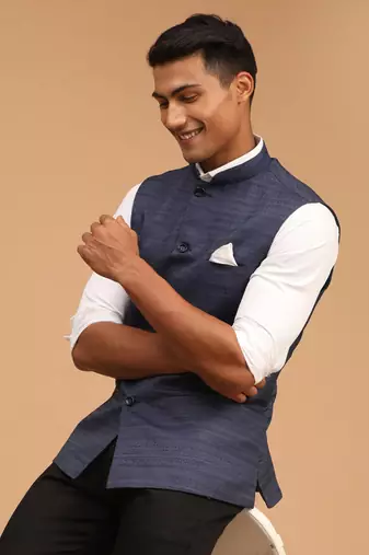 Blue Silk Blend Plain Sleeveless Professional Nehru Jacket