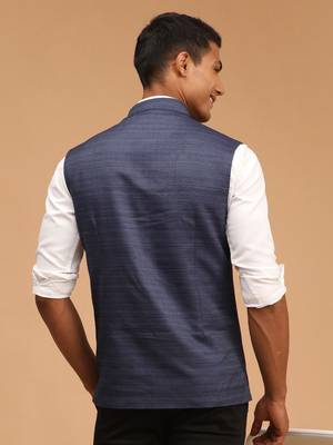 Blue Silk Blend Plain Sleeveless Professional Nehru Jacket 3