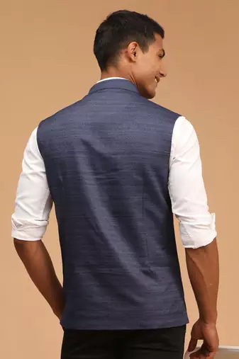 Blue Silk Blend Plain Sleeveless Professional Nehru Jacket