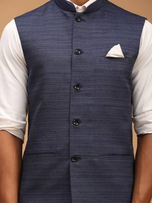 Blue Silk Blend Plain Sleeveless Professional Nehru Jacket 4