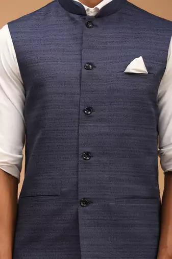 Blue Silk Blend Plain Sleeveless Professional Nehru Jacket