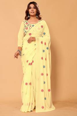  Ready To Wear Beautiful Lemon Georgette Floral Embroidery Saree With Embroidery Work Unstitched Blouse Piece 1