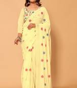 Ready To Wear Beautiful Lemon Georgette Floral Embroidery Saree With Embroidery Work Unstitched Blouse Piece
