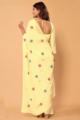 Ready To Wear Beautiful Lemon Georgette Floral Embroidery Saree With Embroidery Work Unstitched Blouse Piece