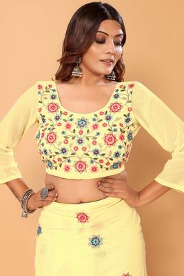  Ready To Wear Beautiful Lemon Georgette Floral Embroidery Saree With Embroidery Work Unstitched Blouse Piece 3