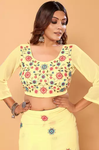  Ready To Wear Beautiful Lemon Georgette Floral Embroidery Saree With Embroidery Work Unstitched Blouse Piece