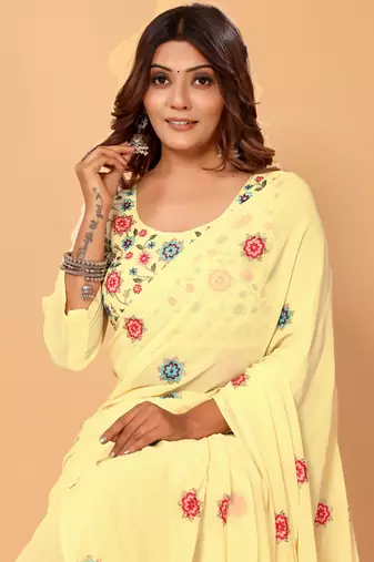  Ready To Wear Beautiful Lemon Georgette Floral Embroidery Saree With Embroidery Work Unstitched Blouse Piece