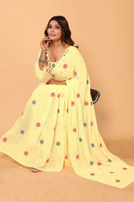 Ready To Wear Beautiful Lemon Georgette Floral Embroidery Saree With Embroidery Work Unstitched Blouse Piece 5