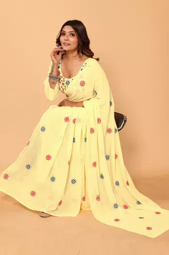  Ready To Wear Beautiful Lemon Georgette Floral Embroidery Saree With Embroidery Work Unstitched Blouse Piece
