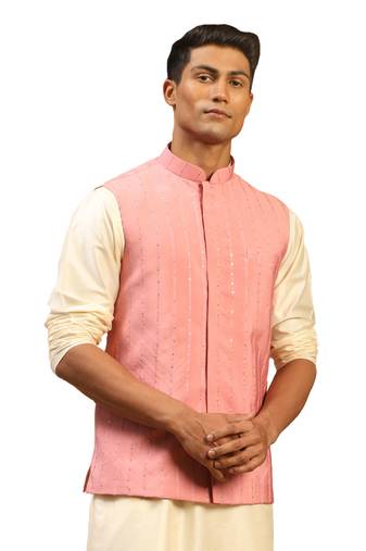 Men'S Pink Cotton Blend Nehru Jacket