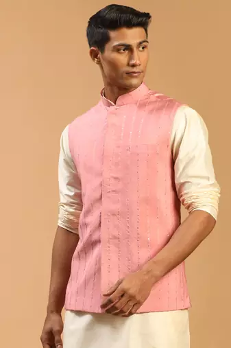 Pink Cotton Blend Nehru Jacket