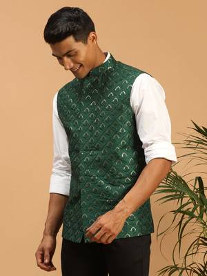 Green Silk Blend Nehru Jacket 2