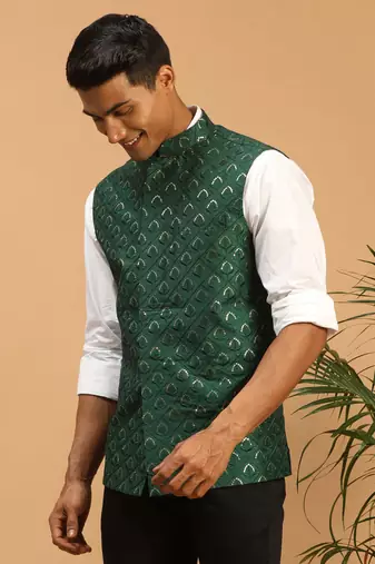 Green Silk Blend Nehru Jacket