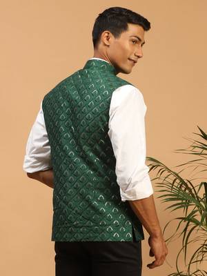 Green Silk Blend Nehru Jacket 3