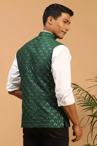 Green Silk Blend Nehru Jacket